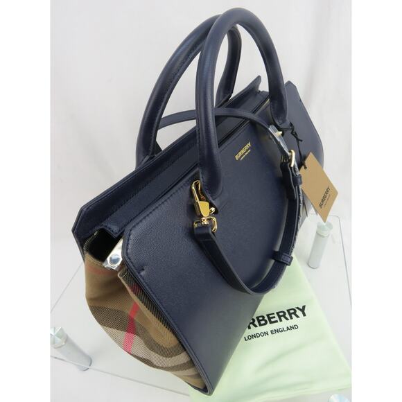 NWT BURBERRY BANWELL DARK BLUE LEATHER CHECK CANVAS SM SHOULDER TOTE BAG $ 1950 - Picture 7 of 13